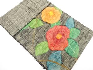 未使用品　手織り真綿紬　椿模様織り出し　名古屋帯